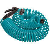 Orbit manguera enrollable frontal mostrando longitud y color azul, almacenamiento fácil