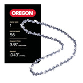 Oregon paquete frontal mostrando la cadena y sus especificaciones para reemplazo