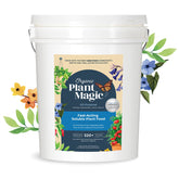 Organic Plant Magic frente del cubo mostrando producto y rendimiento