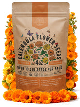 Organo Republic paquete frontal de semillas de caléndula mostrando marca y protección de bolsa