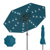 Patio Kingdom sombrilla frontal azul mostrando sombra amplia
