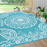 Pauwer alfombra exterior frontal mostrando diseño boho teal y resistencia