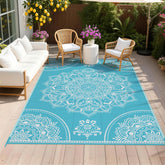 Pauwer alfombra exterior frontal mostrando patrón floral teal y protección contra manchas