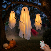PEJOURI fantasmas colgantes frontal mostrando efecto flotante y bienvenida festiva