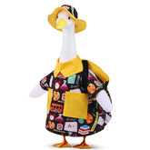 Pextian ganso frontal con disfraz escolar mostrando bienvenida festiva