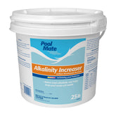 Pool Mate paquete frontal de 25 lb mostrando etiqueta y beneficio de estabilidad