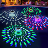 Pooldecor vista frontal del pack de 4 luces flotantes mostrando colores vivos