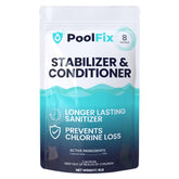 PoolFix bolsa de 8 lb al frente mostrando el producto y etiqueta, facil almacenamiento