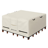 Porch Shield vista frontal de la funda beige protegiendo mesa exterior