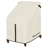 Porch Shield vista frontal de la funda beige protegiendo silla apilada, protección durable