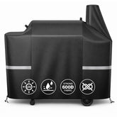 QuliMetal funda frontal para Pit Boss mostrando ajuste y protección contra lluvia