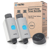 Rachio paquete frontal mostrando válvulas y hub, facilita riego inteligente