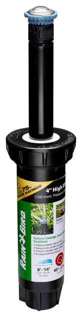 Rain Bird vista frontal del aspersor profesional mostrando su cuerpo resistente y montaje
