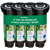Rain Bird vista frontal del pack de 4 aspersores mostrando diseño y componentes, ahorro de agua