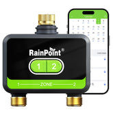 RAINPOINT temporizador frontal mostrando controles y beneficio de programación fácil