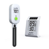 RAINPOINT termohigrómetro frontal mostrando pantalla y beneficio de ahorro energético