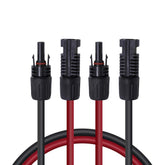 Renogy vista frontal del par de cables 5FT 12AWG mostrando conectores y colores, seguridad instantánea