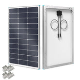 Renogy panel frontal 100W mostrando superficie y etiqueta de potencia, confiabilidad en espacio pequeño