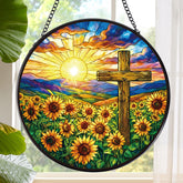 Rngmsi vista frontal del suncatcher mostrando cruz y girasoles, aporta calidez