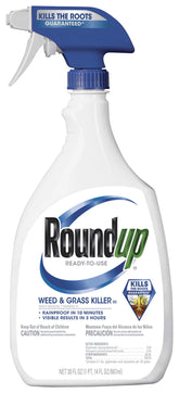 Roundup botella frontal 30 oz mostrando etiqueta y gatillo para aplicación segura