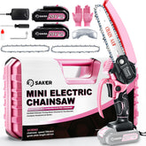 Saker motosierra frontal en rosa mostrando diseño compacto y portátil