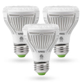 SANSI vista frontal del paquete y tres bombillas, beneficios plug-and-play