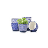 Selamica maceta frontal azul vintage mostrando forma y color decorativo