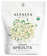 Sereniseed paquete frontal de alfalfa mostrando etiqueta orgánica y beneficio de calidad