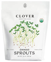 Sereniseed paquete de trébol rojo orgánico 16 oz mostrando etiqueta y certificaciones