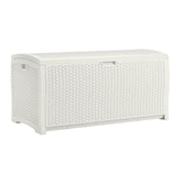 Suncast cofre frontal blanco mostrando diseño y capacidad