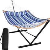 SUNCREAT vista frontal de la hamaca con soporte, cómoda y lista para usar