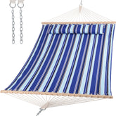 SUNCREAT vista frontal de la hamaca rayas azules, comodidad instantánea