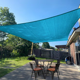 SUNLAX toldo frontal turquesa mostrando sombra decorativa y protección solar