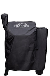 Traeger funda frontal ajustada protegiendo parrilla y evitando lluvia