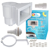 U.S. Pool Supply skimmer frontal montado mostrando resistencia y sellado