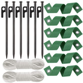 USEDGDIG kit frontal con 6 estacas, correas y cuerdas mostrando el contenido completo
