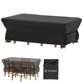 Velway funda frontal cubriendo mesa y sillas mostrando protección completa