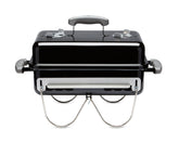 Weber Go‑Anywhere frontal cerrado mostrando portabilidad y facilidad de transporte