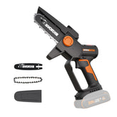 WORX mini motosierra frontal mostrando diseño compacto y control
