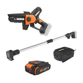 WORX vista frontal de la mini motosierra mostrando diseño compacto y agarre cómodo