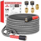 YAMATIC manguera 25 ft frente del empaque mostrando longitud y compatibilidad