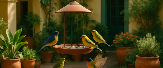 Comedero colgante con aves en un jardín de patio — guía para atraer aves