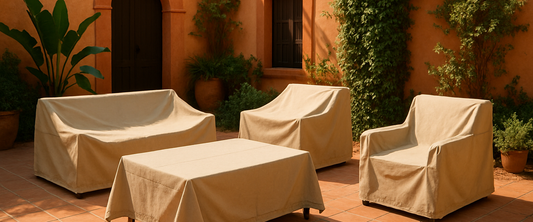 Muebles de patio con fundas impermeables beige — guía de medidas y materiales