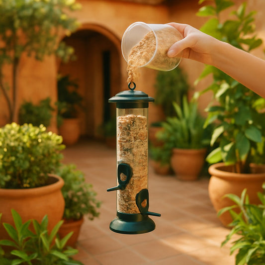Comedero para aves en un jardín frondoso