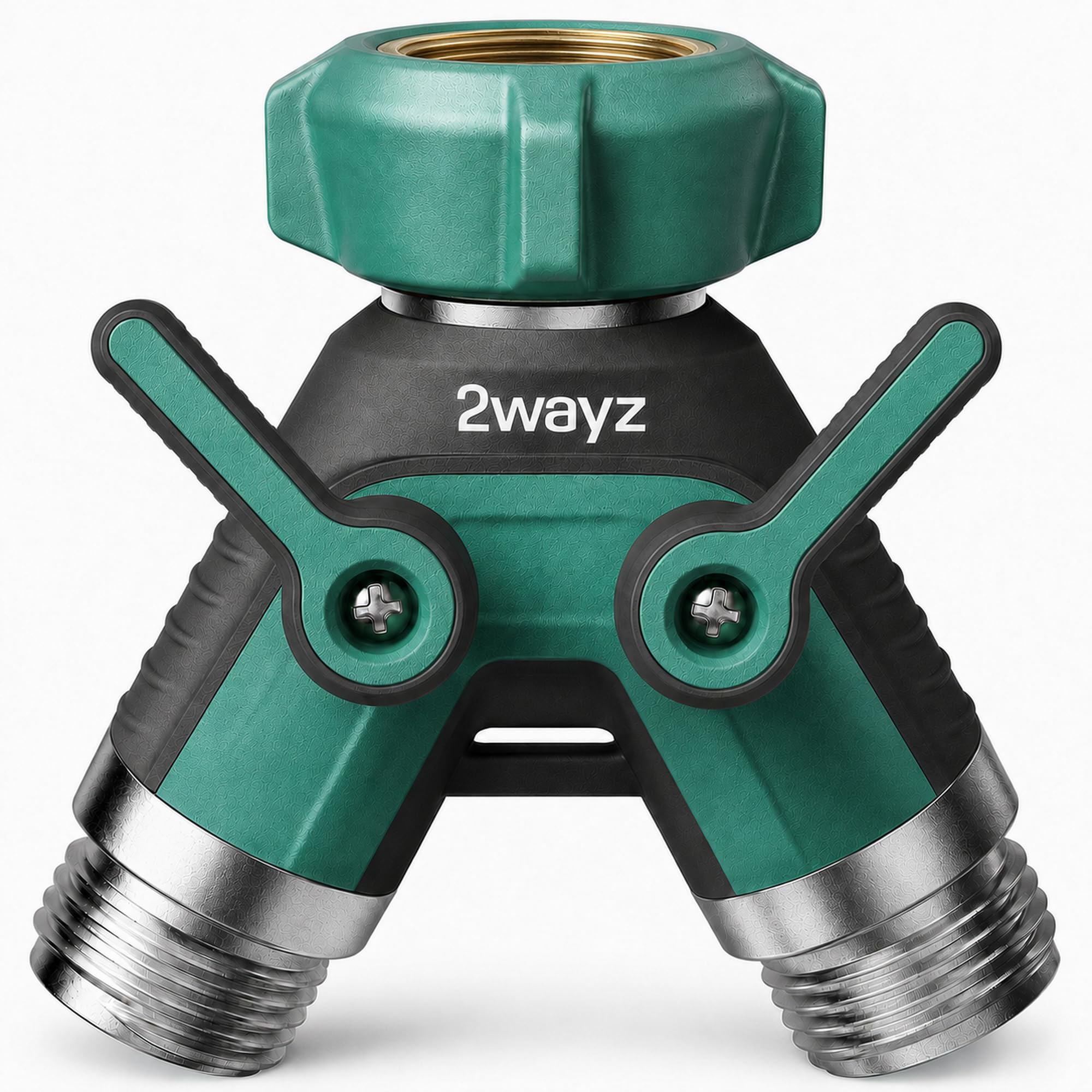 2WAYZ vista frontal del conector en Y de latón mostrando robustez y sellado seguro