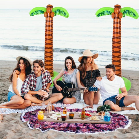 4E's Novelty palmeras inflables en uso en fiesta piscina ambiente tropical