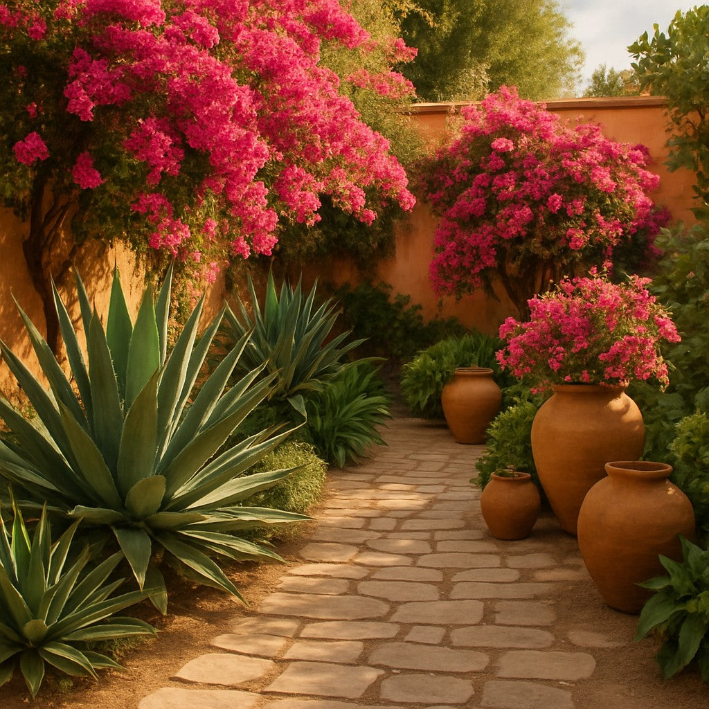 Sendero de jardín con agaves y buganvilias