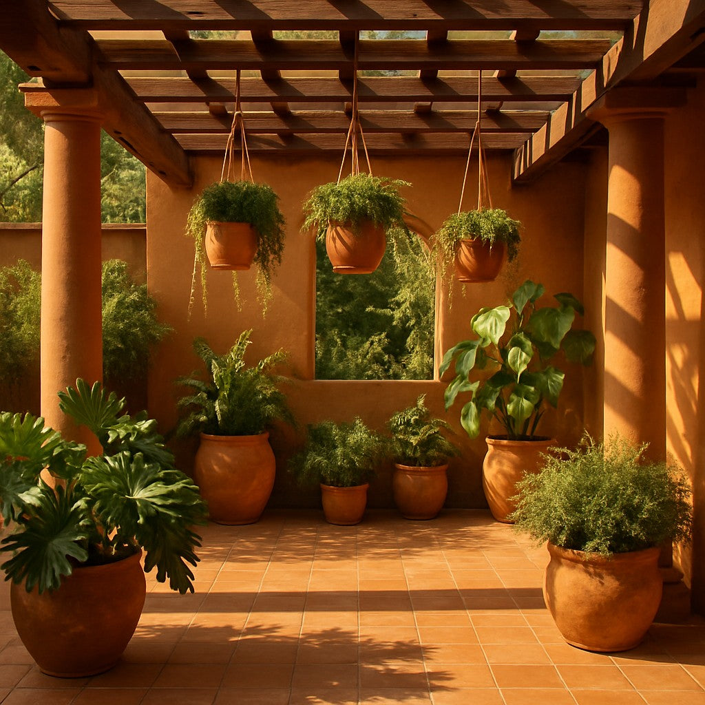 Terraza con pérgola y plantas colgantes