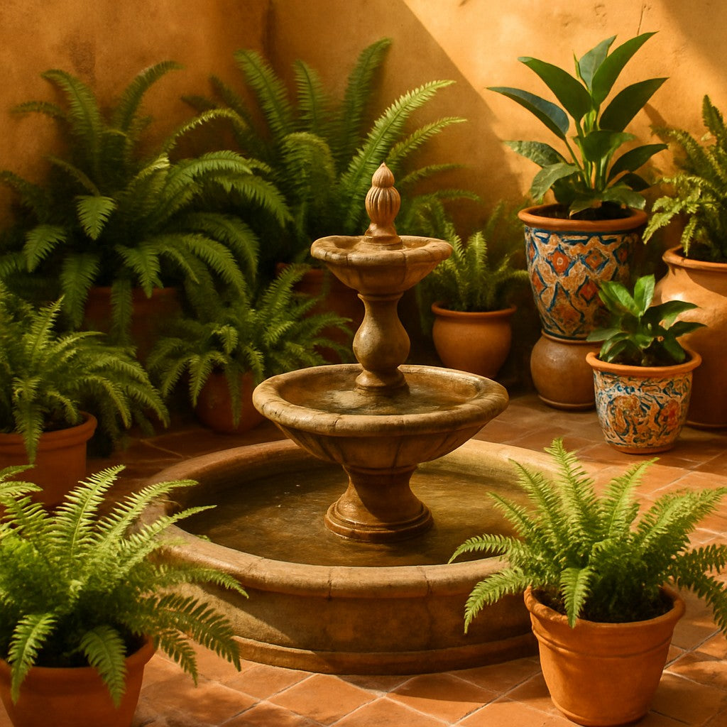 Fuente de patio rodeada de helechos