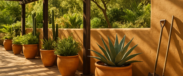 Terraza de jardín mexicana con macetas de terracota — JardinLuxe